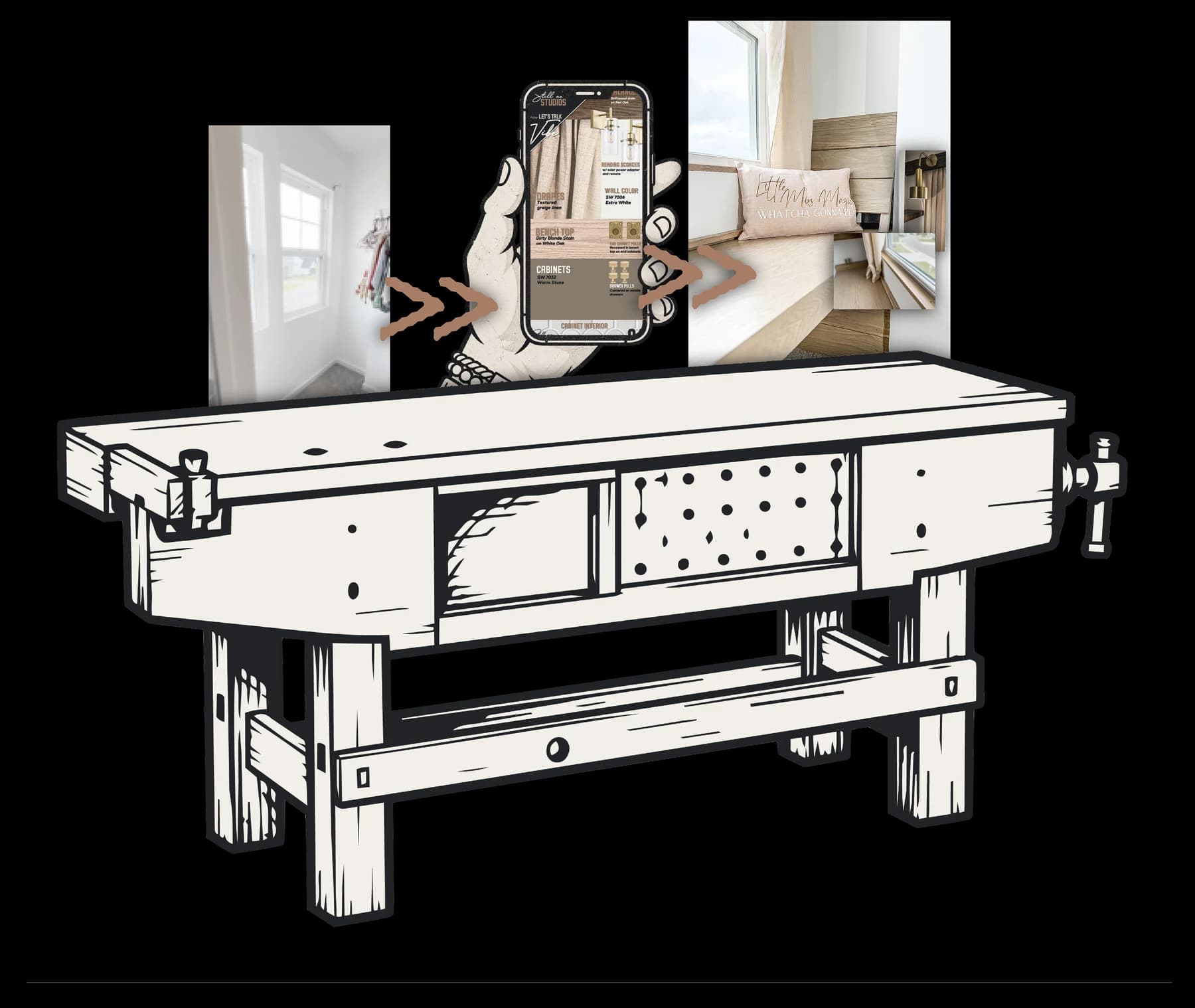 From an unused closet corner, through a visual design concept, to a custom window seat with storage and reading lights, illustrated above a workbench