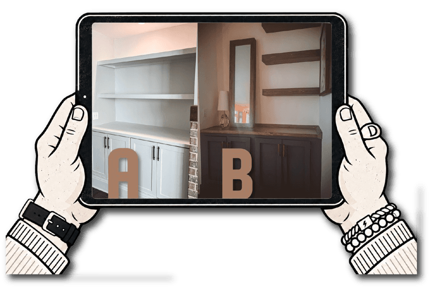 Hands holding a tablet comparing two cabinetry concepts