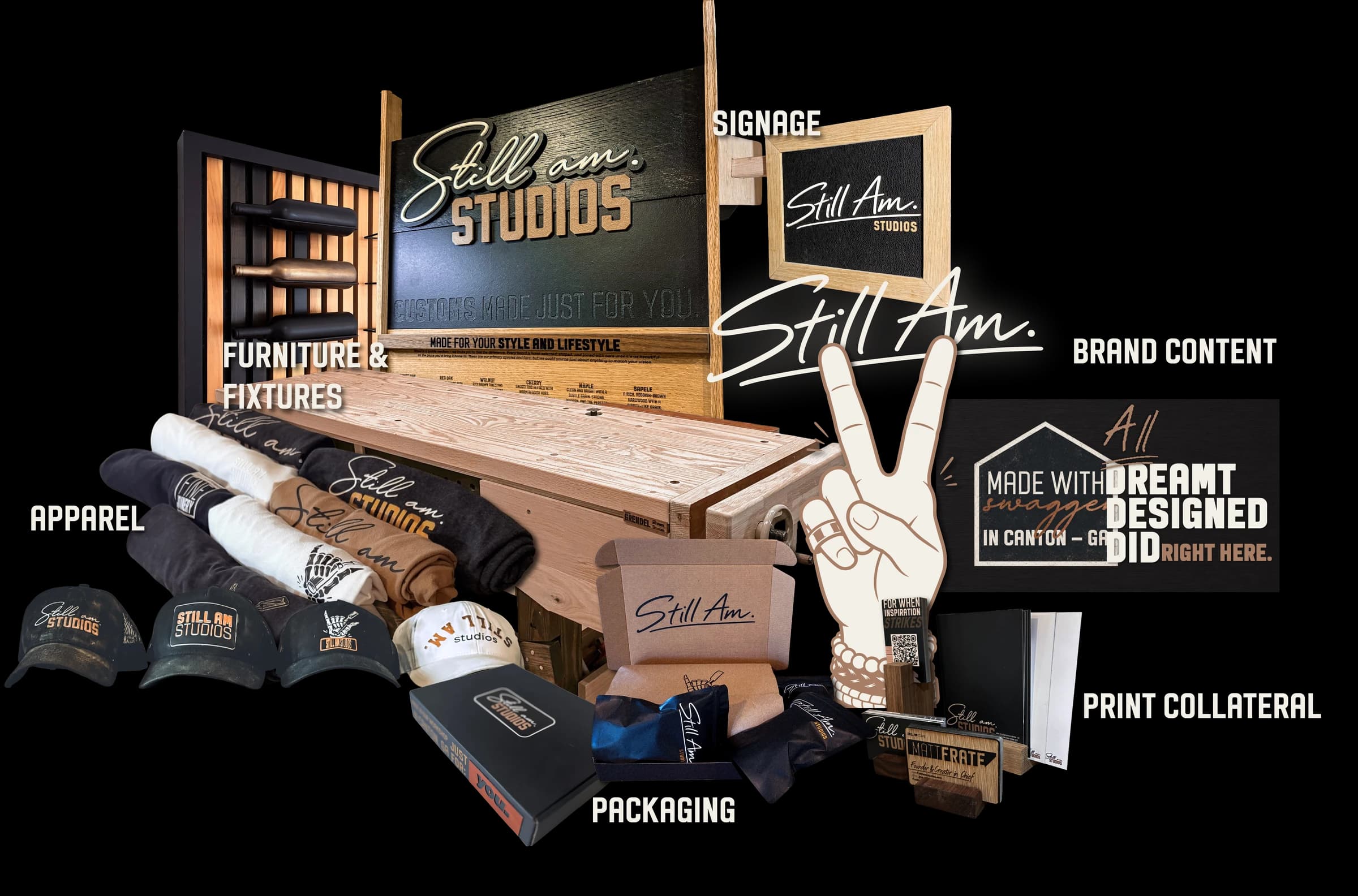 Still Am Studios brand brought to life through furniture and fixtures, apparel, signage, brand content, packaging, and print collateral