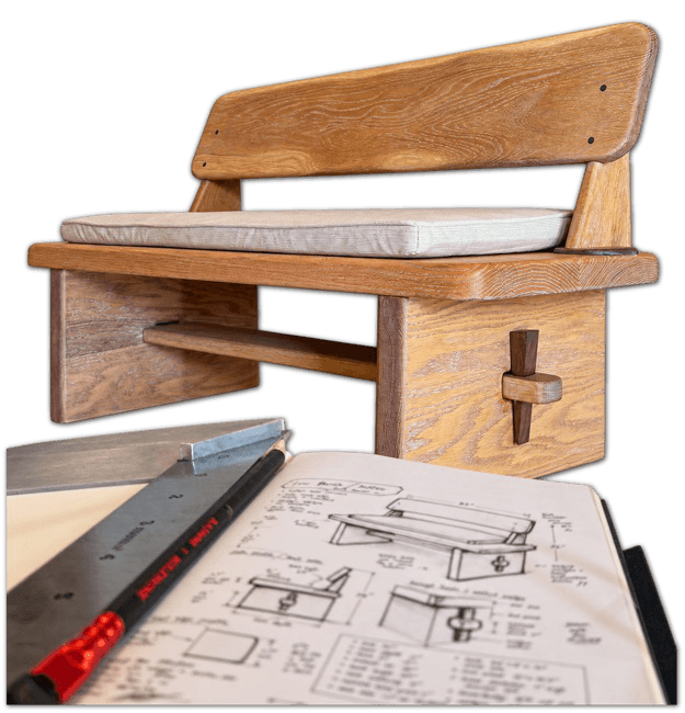 A wooden lounge chair alongside its design sketches