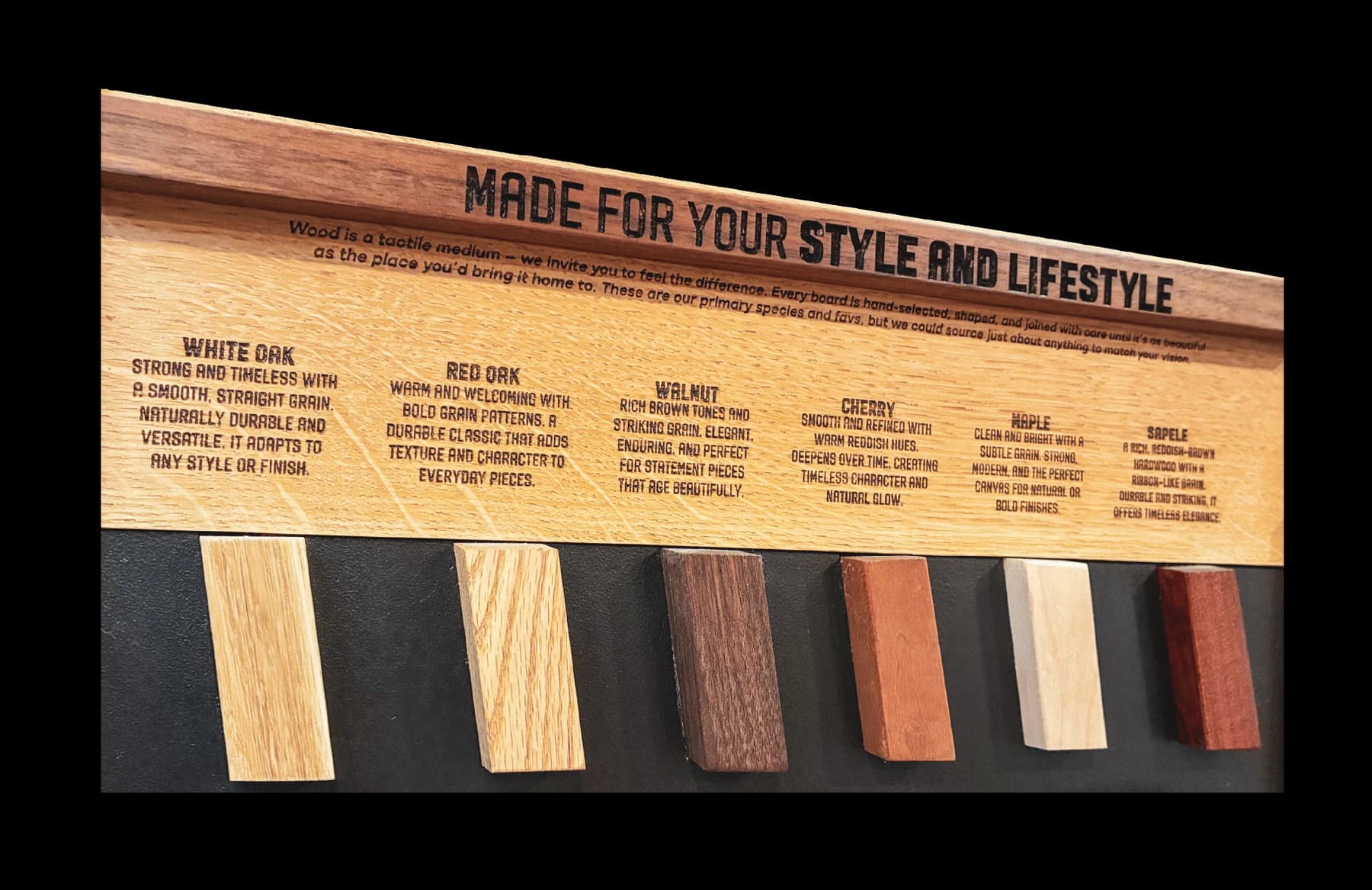 A studio display of hardwood species and finishes
