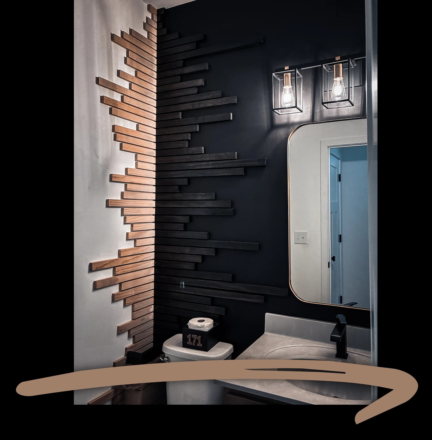 A powder room with a sculptural wood accent wall and warm lighting