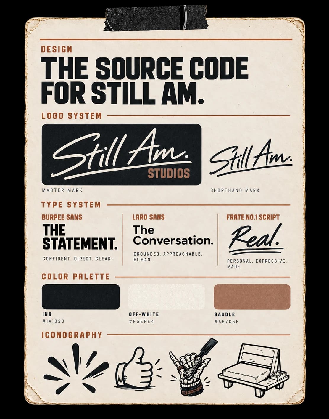 The source code for Still Am: logo system, type system, color palette, and iconography